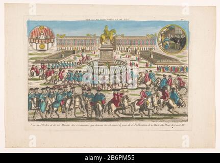 Gezicht op de Place de Louis XV te Parijs met een stoet ter afkondiging van de vrede vue de la publication de la paix (titre op object) Rechtsboven tekent de koning het document. Lintsboven wordt vuurwerk afgestoken. Genummerd: 9. Fabricant : uitgever: Basset (vermeld op object)prentmaker: AnoniemPlaats fabrication: Uitgever: Parijsprentiker: Frankrijk Dating: 1700 - 1799 kenmerken physique: Ingekleurde ets matériel: Paper waterverf Techniek: Etsen / penseel Dimensions: Platrand: H 259 mm × statuscape, lieu équestre (+), chiffres Du cirque, p. ex.: P. Banque D'Images