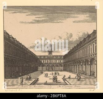 Gezicht op de binnenplaats van de Beurs van Hendrik de Keyser de Koopmans Beurs la Bourse des Marchands (objet titel op) vue sur la cour de la Bourse d'Hendrik de Keyser, avec la place de plusieurs figures. Parmi le titre du spectacle en français et en néerlandais. Parmi le titre du spectacle en néerlandais et en français. Fabricant : printmaker Daniel Stop Daal (bâtiment classé) éditeur: Covs & Mortier et Covs Jr. (Possible) Fabrication De Lieux: Amsterdam Date: 1685-1726 et / ou 1772 matériau: Technique du papier: Gravure / engraa (processus d'impression) Dimensions: Feuille: H 170 mm (bord de la plaque intérieure découpée) × W 191 M. Banque D'Images