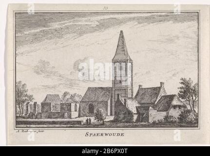 Gezicht op de kerk te Spaarnwoude Spaerwoude (objet titel op) vue de l'église dans le village Spaarnwoude, la situation autour de 1700. Fabricant : printmaker: Abraham Rademaker Editeur: Willem Barents Antoni Schoonenburg Lieu de fabrication: Amsterdam Date: 1727 - 1733 Caractéristiques physiques: Matière de gravure: Technique du papier: Dimensions de gravure: Bord de la plaque: H 80 mm × W 115 mmTopelieliechtingillustratie out: Abraham Rademaker, Matthaeus Brouërius de Niedek, Isaac le long, Cabinet néerlandais et Kleefsche outheden et (...) spécialement pour les bâtiments urbains et ruraux, Willem Barents et Antoni Schoonenburg : Banque D'Images