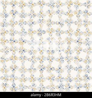 rench shabby chic azulejos tuile vecteur texture fond. Treillis bleu jaune sur blanc cassé modèle. Intérieur en mosaïque carrée dessinée à la main Illustration de Vecteur