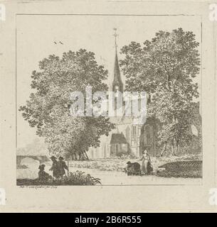 Gezicht op een kerk vue d'une église avec petite chapelle et tour, entourée d'arbres. Au premier plan se trouvent la gauche et la droite sur le rivage de figuren. Fabricant : printmaker Pieter Jan van Liender (bâtiment classé) En Date du: 1764 Caractéristiques physiques: Matériau de gravure: Technique du papier: Gravure Dimensions: Bord de la plaque: H 144 mm × W 147 mm Objet: Église (extérieur) Banque D'Images