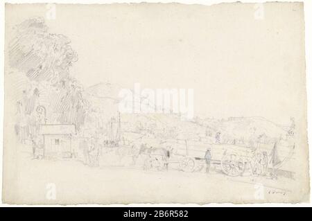 Gezicht op een kleine Bretonse Haven vue d'un petit port breton; au premier plan une voiture avec paarden. Fabricant : artiste Eugène Boudin Dating: 1834 - 1898 Caractéristiques physiques: Crayon, pinceau en bleu et noir: Papier Pencil technique: Pinceau dimensions: H 285 mm × W 430 mm Objet: Harbour Banque D'Images