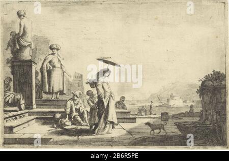 Gezicht op een mediterrane Haven vue d'un port méditerranéen type d'objet: Photo Numéro d'article: RP-P-1878-A-2861Catalogusreferentie: Holllstein Néerlandais 1 Définition: Vue d'un port maritime méditerranéen. Au milieu se trouve une femme, un serviteur tenant un parasol sur sa tête. A gauche quelques escaliers Où: Assis sur un garçon et un homme avec turban à côté d'un piédestal avec une image d'une femme debout. À gauche du piédestal un garçon à une tonne. À droite, une fontaine avec un fond. Fabricant : printmaker: Isaac Vincentsz. Van der Vinne (indiqué sur l'objet) Lieu de fabrication: Haarlem Date: 1690 - 1740 Caractéristiques physiques: Banque D'Images