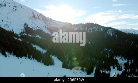 Scène hivernale aérienne des sommets enneigés des montagnes alpines et de la forêt d'épinettes sombres dans la neige Banque D'Images
