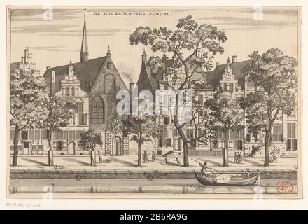 Gezicht op het Athenaeum illustre te Amsterdam de Doorluchtige School (objet titel op) vue de l'Athenaeum illustre, le prédécesseur de l'Université d'Amsterdam, l'Oudezijdsvoorburgwal Amsterdam. Cette institution a été fondée en 1631 et située dans l'Agnietenkapel. Dans la rue, un certain nombre de chiffres. Dans l'eau un coffre. Fabricant : printmaker Jacob van Meurs (possible) Editeur: Jacob van Meurs (possible) Editeur: Joachim Nosche (possible) Lieu de fabrication: Amsterdam Date: 1663 - 1664 matériau: Technique du papier: Gravure Dimensions: Bord de la plaque: H 191 mm b × 296 mToelichtHuid Banque D'Images