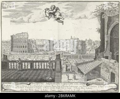 Gezicht op het Colosseum en de boog van Constantijn Prospectus Amfitheatri Vefpasiani e Titi Impp (objet titel op) vue sur le Colisée. A droite l'Arc de Constantin. Au milieu de l'image flotte un ange avec le manteau des bras de Rome. Il y a des numéros sur l'imprimé faisant référence à des bâtiments spécifiques à Rome. L'impression a une légende latine avec une explication des chiffres. Fabricant : printmaker: Lievin Cruyl (propriété cotée) à dessin: Lievin Cruyl (bâtiment classé) Éditeur: M. G. le Rubeis (indiqué sur l'objet) fournisseur de privilèges: Innocent XII (inscrit sur l'objet) Place MAN Banque D'Images