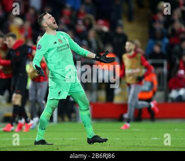 Anfield, Liverpool, Merseyside, Royaume-Uni. 11 mars 2020. Ligue des Champions de l'UEFA, Liverpool contre Atletico Madrid; Adrian, gardien de but de Liverpool, réagit après Marcos Llorente de l'objectif de 105ème minute de l'Atletico Madrid qui a donné à Atletico un crédit global de 2-3 lead: Action plus Sports/Alay Live News Banque D'Images