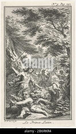 Gnoom aangevallen porte een leeuw le Prince Luton (objet op de titre) Illustration du conte de fées le Prince Luton de Mme d'Aulnoy. Un lion attaqué par un gnome essayant de faire son évasion. Un homme a attrapé le lion par la mane et prend son lourd d. En arrière-plan, un chien de barque, une figure de soufflage de corne et un homme à cheval qui vient avec l'épée levée approchant. Imprimer avec le libellé droit : non 5. Page. 142. Fabricant : printmaker Simon Fokke (bâtiment classé) dans son dessin: Simon Fokke (propriété cotée) Lieu de fabrication: Amsterdam Date: 1722 - 1784 Caractéristiques physiques: Matériel de gravure: Paper Tech Banque D'Images