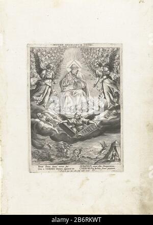 Dieu de Vader met het hoogste engelenkoor Engelenkoren (servietitel) Dieu le Père dans les nuages. Autour de lui trois groupes d'anges, Seraphim, Cherubim et Thrones. Sous Dieu garde un ange deux tables de pierre fixées par la loi de Moïse. Parmi les nuages, les actions de ces anges sur terre au milieu de l'expulsion du Paradis, ont laissé la destruction du camp des Assyriens et a droite l'Annonciation. L'image a une légende latine et fait partie d'une série sur différents engelenkoren. Fabricant : printmaker Jan Collaert (II) (bâtiment classé), conçu par : marten de vos (bâtiment classé Banque D'Images