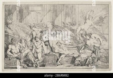 Godenbanket banquet des dieux de gauche à droite, Jupiter et Hera, Mercure, Cupid, Bacchus (qui donne l'aigle de Jupiter et le paon de Hera boire), Iris et deux godinnen. Fabricant : printmaker Philippe Auguste Hennequin (propriété cotée) Date: CA. 1795 - ca. 1798 matériau: Ingénierie papier : dimensions de gravure: Feuille: H 224 mm (bord de la plaque intérieure découpée) × W 352 mm (bord de la plaque intérieure découpée) Sujet tous les dieux Olympiens ensemble: Jupiter, Juno, Neptune, Cérès, Apollo, Diana, Mars, Vénus, Mercure, Minerva, Vulcan, Vesta (ou Bacchus) banquets, fêtes des dieux (en général) Banque D'Images