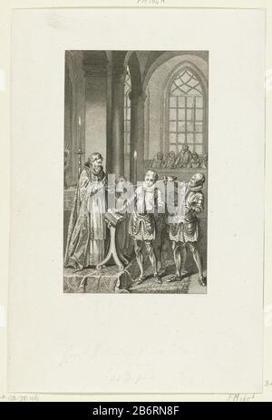 Graaf Willem II tot ridder geslagen, 1248 le comte Willem II en 1248 a battu Cologne fait chevalier. Kerkinterieur Où: Dans le comte debout devant l'autel avec sa main sur la Bible fait son vœu comme un chevalier. L'évêque le bénit, un autre chevalier tenant une épée dans son schouder. Fabricant : printmaker: Reiner Vinkeles (I) (bâtiment classé) dans le dessin: Jacobus Buys (propriété cotée) Lieu de fabrication: Pays-Bas Date: 1794 Caractéristiques physiques: Matériel de gravure: Technique du papier: Dimensions de gravure: Papier: H 233 mm × W 156 mmTopelichtingebatie pour: James Cook, Vaderlandsch Dictionary, Johanne Banque D'Images