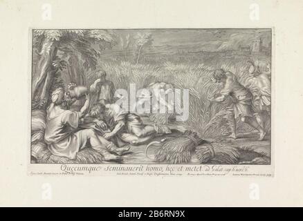 Graanooogst Quecumque seminaverit homo, hec et metet (objet titel op) Paysage avec des hommes qui sont engagés dans la récolte du grain. Deux hommes avec des faucilles récoltent le grain. Un autre homme lie le grain en paquets. Au premier plan gauche, les hommes uitrusten. Fabricant : printmaker Giovanni Girolamo Frezza (propriété listée) conçu par: Carlo Maratti (bâtiment listé) Editeur: Jacob Frey (propriété listée) fournisseur de privilège: Clement XI (objet listé ) Lieu de fabrication: Print maker: Rome à concevoir: Vatican Éditeur: Rome Grantor of Privilege: Vatican Date: 1728 Caractéristiques physiques: A et engraetchi Banque D'Images