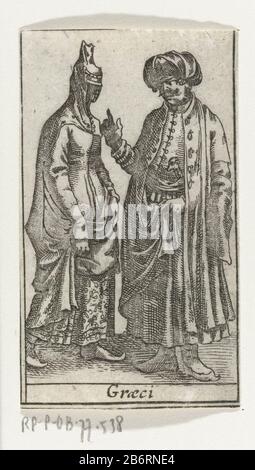 Graeci man en vrouw, gekleed volgens de Griekse mode van CA 1610-'20 Homme et femme debout du devant, vêtu comme la mode grecque autour de 1610-'20. Carte de coupe Europe Blaeu exc. Fabricant : printmaker: Fabrication anonyme: Pays-Bas Date: 1617 matériau: Papier technique: Engrala (impression) Dimensions: H 70 mm (coupe) × W 45 mm (coupe) Sujet: Vêtements, costumes (+ vêtements pour hommes ) Européens (GRECS) (+ costume) Européens (GRECS) (+ un) Européens (GRECS) (+ femmes) Banque D'Images