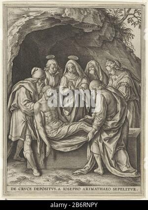 Graflegging van Christus Passie van Christus (servietitel) Christ par Joseph d'Arimathea et Nicodemus placé dans le tombeau de roche. Marie et d'autres pleurent à la tombe. Dans la marge une légende en latin faisant référence à la voorstelling. Fabricant : printmaker: Jerome Who: Rixnaar design: Maerten The Vosuitgever: Hans van LuyckPlaats fabrication: Anvers Date: 1563 - Caractéristiques 1586 physique: Matière automobile: Technique du papier: Engraa (processus d'impression ) Dimensions: Feuille: H 140 mm × W 104 mm Sujet: L'entombment du Christ (éventuellement par anges) Banque D'Images