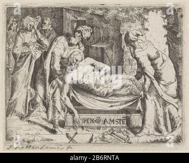 Graflegging van Christus Christ est posé dans la tombe par Joseph d'Arimathea et Nicodemus. Sur la tombe est le texte: IPEN IP AMSTEL. Arrière gauche les Marys et Johannes. Fabricant : printmaker: Auteur anonyme Hans Rottenhammer (I) (attribution rejetée) Lieu de fabrication: Amsterdam Date: 1580 - 1620 Caractéristiques physiques: Matériau de gravure: Technique du papier: Dimensions de gravure: Bord de la plaque: H 93 mm × W 116 mm Sujet: Roulement ou corps du Christ à la tombe du Christ dans la tombe ou sur Banque D'Images