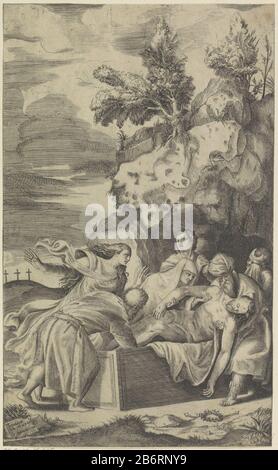 Graflegging van Christus Christ posé par Joseph d'Arimathea et Nicodemus dans le tombeau de roche. Autour de la tombe grie des femmes saintes. Au premier plan, le passiewerktuigen. Fabricant : printmaker: Giulio Bonasone (propriété listée) conçu par Titian (propriété listée) Lieu de fabrication: Italie Date: 1567 Caractéristiques physiques: Gravure et engrafage matériel: Technique du papier: Gravure / engrafé (processus d'impression) Dimensions: Feuille: H 290 mm (bord de la plaque de coupe interne.) × W 175 mm (bord de la plaque intérieure découpée.) l'étude signée Notes se matérialise : D dans le Kunsthalle à Hambourg (numéro inv 2803 044.). . Sujet: L'entombment du Christ Banque D'Images