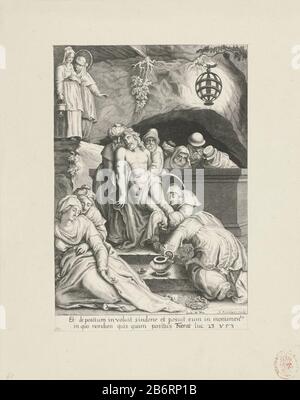 Graflegging Le corps mort de Christ par Joseph d'Arimathea et Nicodemus placé dans une enveloppe dans la tombe. Marie Magdalene s'agenouille devant la tombe. Sous l'image se trouve un texte à deux lignes dans Latijn. Fabricant : printmaker John Rent Irish (bâtiment classé), conçu par Karel van Mander (I) (bâtiment classé) Editeur: Jacobus de Man (I) (propriété cotée) Lieu Fabrication: Printmaker: Northern Netherlands Editeur: Anvers Date: 1676 - 1719 Caractéristiques physiques: Matériel automobile: Technique papier: Engrara (processus d'impression) Dimensions: Feuille: H 278 mm × W 189 mm Sujet : l'entombment du Christ (éventuellement par ang Banque D'Images