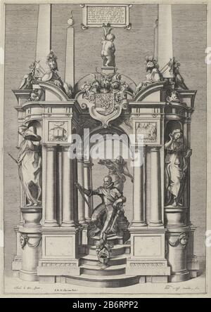 Graftombe van Willem I, prins van Oranje, 1623 tombe de la tombe de William I par Hendrik de Keyser dans le Nieuwe Kerk à Delft, terminée en 1623. Vue de l'avant avec l'image du prince assis. Top A cartouche avec texte de 8 lignes en Nederlands. Fabricant : printmaker: Anonyme à voir: Hendrik de Keyser (I) (bâtiment classé) Éditeur: Pieter de Keyser (propriété cotée) fournisseur de privilèges: États général (inscrit sur l'objet) Lieu de fabrication: Les Pays-Bas Date: 1622 Caractéristiques physiques: Engrala matière: Papier: Technique engraA (processus d'impression) mesures: Bord de la plaque: H 53 Banque D'Images