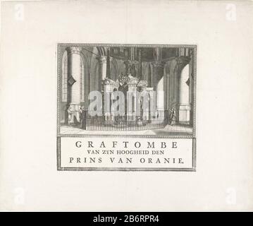 Graftombe van Willem van Oranje, 1623 Graftombe van zyn hoogheid den Prins van Oranie (objet op titel) tombe de la tombe de William I dans le Nieuwe Kerk à Delft, complété en 1623. Avec le cadre et avec un titre imprimé séparé contre le dessous de la voorstelling. Fabricant : printmaker: Fabrication anonyme: Pays-Bas Date: 1700 - 1799 Caractéristiques physiques: Gravure avec titre en typographie impression avec bordure en bois matériau: Papier Ingénierie: Gravure / typographie / taille du bloc de bois: Bord de la plaque: H 245 mm × W 273 mmTohtelicingStaat avant la lettre. Objet: Grave-buil Banque D'Images