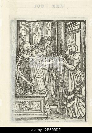Tombe en de Dood Dodendans (serietitel) une tombe est aidée avec la vinaigrette par une femme de chambre. La mort se tient à côté de la comtesse et interfère avec sa robe. Dans une poitrine sur la gauche, un sablier. Dans la marge au-dessus de l'impression se trouve le texte Iob XXI. Fabricant : machine à imprimer: Hans Holbein (II) sont coupeurs de blocs: Hans Lützelburger Dating: 1524-1526, et / ou 1538 Caractéristiques physiques: Matériau du bloc de bois: Technique du papier: Dimensions du bloc de bois: Image: Les grumes de H 65 mm × b 50 mmToelichtingde ont été produites en 1526 par Hans Lützelburg et seulement en 1538 ont été utilisées pour la première fois comme illustrations de livres dans les simulachers & His Banque D'Images