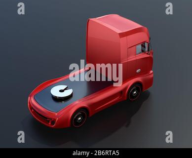 Vue arrière du modèle générique Camion électrique lourd rouge sur fond noir. Image de rendu 3D. Banque D'Images