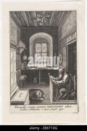 H Hieronymus Le Saint Jérôme assis à son bureau dans l'étude. Pour lui est son attribut le lion. Sur la table près de la fenêtre figurent une Bible battue ouverte, un crâne et un sablier. Au-dessus de la porte de la chambre remarqué: IWPF. Fabricant : printmaker Qui: Rix (possible) Lieu de fabrication: Anvers Date: 1550 - 1650 Caractéristiques physiques: Matière automobile: Technique du papier: Engraa (procédé d'impression) Dimensions: Bord de la plaque: H 117 mm × W 78 mm Objet: St Jerome comme docteur de l'Eglise latine dans son étude avec livre, stylo et encre; lion et chapeau de cardinal à côté de lui Banque D'Images