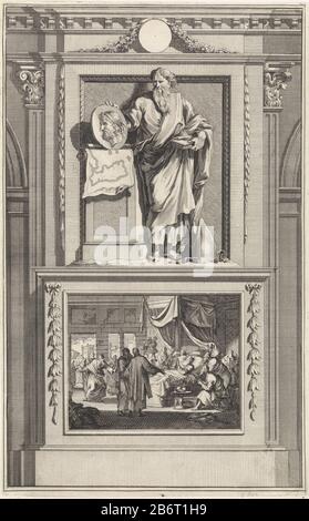 H Tite le Saint Tite conserve un solide portrait du roi de Crète, qui est basé sur une carte de l'île. Tite se tient sur un socle Où: Sur son lit de mort dans l'image avant est gebracht. Fabricant : printmaker Jan Luyken Print auteur: Zacharias Chatelain (II) à dessiner: Jan Goeree lieu de fabrication: Amsterdam Date: 1698 Caractéristiques physiques: Gravure et engraflement; matériau d'épreuvage: Technique du papier: Gravure / engrafrup (procédé d'impression) Dimensions: Bord de la plaque: H 275 mm (taillé) b × 171 mmTohteligingProefrak illustration: William Cave. Antiquités Apostolique, ou vie (...) des apôtres de l'heylige t Banque D'Images