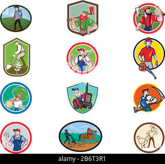 Ensemble ou collection d'illustrations de style mascotte de personnage de dessin animé de fermier, jardinier, agronome, horticulteur, paysagiste, lumberjack dans cir Illustration de Vecteur