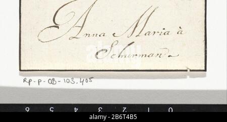 Handgeschreven naam van Anna Maria Schurman Nom Manuscrit d'Anna Maria Schurman Type de bien: Fiche de texte Numéro d'article: RP-P-OB-103.405 Inscriptions / marques: Marque du collectionneur, verso, estampillée: Lugt 2228opschrift, recto, écriture à l'encre brune: 'Anna Maria a Schurman ' Créateur: Inconnu: 1699 - Caractéristiques physiques: 1699 Écriture manuscrite en matière d'encre brune: Technique du papier: Dimensions de l'écriture: Feuille: H 36 mm × W 77 mmOnderwerpWie: Anna Maria van Schurman Banque D'Images