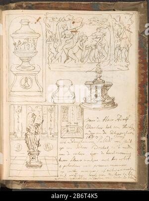 Handschrift met schetsen voor opdrachten feuilles de travail Livre de Philip Tiedeman avec des ébauches de commandes des années 1694-1697. Dessins: Pages de titre, peintures, ventilateurs, cartes de jeu, intérieurs et imprimés. En bande de parchemin recouvert de papier marbré. Fabricant : artiste: Philip Tidemannschrijver: Philip TidemannPlaats fabrication: Amsterdam Date: 1694 - 1697 Caractéristiques physiques: Stylo en marron et gris, crayon et noir craie matériau: Papier parchemin technique: Stylo / crayon / crayon taille: Livre : H 214 mm × l 178 mm × d 28 mm × l 335 (livre ouvert battu) Banque D'Images