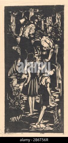 Hans en Grietje (originele titel op object) Hansel et Gretel (original title object) Type d'objet: Photo Numéro d'article: RP-P-1931-1096 Inscriptions / marques: Marque du collectionneur, verso, estampillé: Lugt 2228opschrift, verso, manuscrit: 'FRE Cohen / Zaaierg Amsterdam 125 / O [Sweesost] 'Descriptio: Hansel et Gretel et leur père et leur belle-mère marchent dans les bois. Hans laisse un sentier de cailloux ou de chapelure. Fabricant : printmaker: Frederika Sophia Cohen (signature personnelle) Date: 1929 matériau: Papier chine collé technique: Bois Dimensions: Feuille: H 325 mm × W 273 mm Objet: STO Banque D'Images