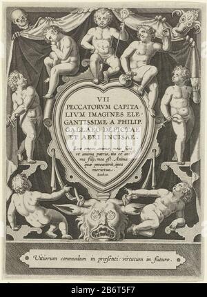 Hartvormig cartouche met servietitel, omringd DOOR putti Zeven hoofdzonden (servietitel) VII Peccatorvm Capitalivm Imagines Elegantissime () (servietitel op object) série titre vijfregelig et une citation de Bible d'Ezek. 18 en latin, dans une cartouche, entouré de putti avec les attributs des sept péchés. Parmi les spectacles, un cadre avec une légende dans le Latijn. Fabricant : printmaker: Jerome Qui: Rixnaar design: Philip Galle (bâtiment classé) éditeur: Philips Gall Lieu fabrication: Anvers Date: 1563 - pour 1612 Caractéristiques physiques: Matériel automobile: Technique du papier: Engraa (processus d'impression) dimension Banque D'Images