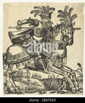 Hector van Troje 19ème siècle réimprimer bloc du XVIe siècle. Cheval de Troie Hector. Son arme est deux fois pour la poitrine du cheval. Il porte une armure fantastique et une couronne avec un bouquet de veren pointé. Fabricant : printmaker: Anonyme inconnu: Monogrammist MG (XVIe siècle) (bâtiment classé) Lieu de fabrication: Northern Netherlands Dating: De 1500 à 1599 et / ou 1870 - 1899 Caractéristiques physiques: Matériau de coupe du bois: Technique du papier: Dimensions de la coupe du bois: Feuille: H 310 mm × W 275 mm Objet: Hector (l'une des neuf valeurs) Qui: Hector de Troy Banque D'Images