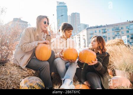 Les filles tient les citrouilles dans les mains sur le fond de la rue. Banque D'Images