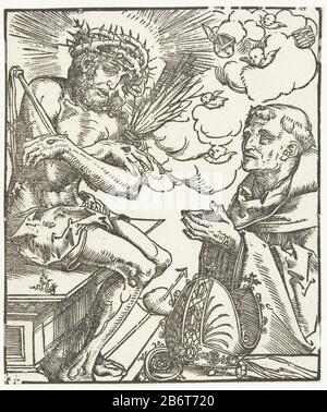 Heilige Bernardus aanbidt Man van Smarten Christ comme Homme de Sorrows assis sur la tombe. Il maintient ses bras croisés sur sa poitrine avec deux Arma Christi, tige et fouet dans ses mains et une couronne d'épines sur sa tête. Saint-Bernard s'agenouillant avant Christ avec des mains repliées. Devant lui se trouve un miter. Entre Christ et le Saint montre un coeur percé par une flèche. Les bras électoraux et ducaux de Saxe sont en haut à droite sur deux boucliers à l'avant-plan. Fabricant : Print Maker: Lucas Cranach (I) (représenté sur l'objet) Lieu de fabrication: Allemagne Date: 1482 - 1553 Caractéristiques physiques: Bois matériau du bloc: Papier Banque D'Images