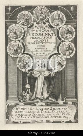 Heilige Dominicus a rencontré et heiligen Titelpagina voor Augustinus Galaminio Brasichellensi, vita et miracula SP Dominici, Antwerpen, 1611 le Saint Dominic s'agenouille sur le sol entre deux piliers. Il tient neuf portraits avec des saints dominicains clés (St. Peter Martyr, St. Thomas Aquin, St. Jacquintus, Sainte Catherine De Sienne, Saint Agnes, Saint Raimondus, Saint Vincent Ferrer Et Saint Anthony). La photo est la page de titre d'un livre sur la vie de Saint Dominicus. Fabricant : printmaker: Theodoor Galle (propriété cotée) au dessin: Pieter de Jodenaar design: John Nys (propriété cotée) writer Banque D'Images