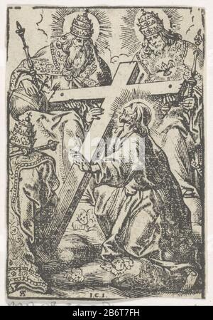 Heilige Drie-eenheid La Sainte Trinité assise sur des nuages entre quelques chérubins. La gauche est Dieu sous la forme d'un homme avec un globe, un sceptre et une couronne, et sur la droite est le Saint-Esprit sous la forme d'un homme avec un pigeon, un sceptre et une couronne. Au premier plan, Christ s'agenouillant avec la croix. Il reçoit aussi un sceptre et un kroon. Fabricant : printmaker Jan Christoffel Jegher (bâtiment classé), conçu par Antoine Slaert (bâtiment classé) éditeur Cornelis Li Lieu fabrication: Anvers Date: 1649 Caractéristiques physiques: Gravure sur bois et impression de texte sur le matériau verso: Papier technique: Bois Banque D'Images