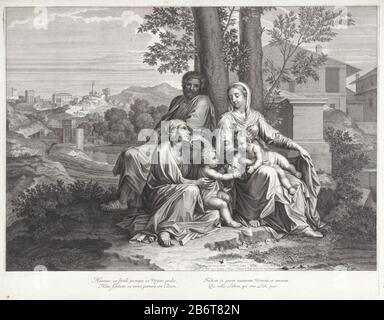 Heilige Familie a rencontré Elisabet en Johannes de Docer Sous trois arbres dans un paysage est Marie avec Christ sur ses genoux. À côté d'elle est Elizabeth, qui regarde Maria et son fils Jean-Baptiste devant lui. Jean pointe vers le Christ et tient un défilement dans sa main avec une partie du texte "Il y a l'Agneau de Dieu qui prend le péché du monde" en latin. Joseph penche derrière les femmes contre l'arbre. Sous un texte de quatre lignes à Latijn. Fabricant dans la marge: Printmaker Michel Natalis (propriété cotée) à la peinture par Nicolas Poussin (bâtiment classé) Éditeur: François de Poil Banque D'Images