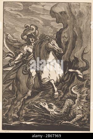 Heilige Joris en de draak le Saint-Georges à cheval avec une lance cassée à la main. La partie brisée de la lance s'enlisa dans la gorge du dragon sur le ligt de plancher. Fabricant : printmaker Giuseppe Scolari Lieu de fabrication: Italie Date: 1550 - 1600 matériau: Papier technique: Coupe du bois Dimensions: Feuille: H 538 mm × W 370 mm Objet: St. George et le dragon: Vêtu d'une armure et monté sur un cheval (blanc), il brandit son épée (sa lance groin déjà cassé sur le sol); la princesse à proximité peut être montré priant ou fuyant Banque D'Images