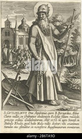 Le Saint-Guillaume D'Aquitaine. Il porte un harnais. En arrière-plan, il s'agenouille devant un abbé bénédictin et il mit ses armes en échange d'une habitude bénédictine. L'impression comporte une légende latine. L'imprimé fait partie d'une série avec des fondateurs de monastères et orden religieux. Fabricant : printmaker: Adriaen Collaertnaar design: Adriaen Collaertuitgever: Adriaen Collaert (propriété cotée) Lieu de fabrication: Anvers Date: 1608 Caractéristiques physiques: Matériel automobile: Technique papier: Engrara (impression) Dimensions: Feuille b 105 mm x h 168 mm Objet: Le moine bénédictin et duke de Banque D'Images