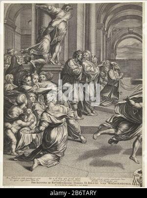 Heliodorus wordt tempel verdven porte ruiter résidents de Jérusalem regarder comme Heliodorus tente de quitter le temple avec le Trésor du temple. Il est empêché par un cavalier et deux hommes qui l'ont battu. Onias le prêtre s'agenouille devant l'autel et prie Dieu pour la protection du trésor. Moitié gauche de l'image en deux parties. Parmi les impressions figurent les performances des versets latins interprétés. Bras inférieur droit de Wachtendonck. Fabricant : printmaker Pieter de Bailliu (I) (bâtiment classé) à peindre: Raphaël (propriété cotée) à dessiner: Peter van Lint (bâtiment classé) Editeur: Peter van Lint (l Banque D'Images