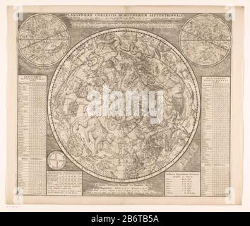 Hemelkaart met de noordelijke sterrenbeelden Planisphaerii coelestis hémisphaerium septentarionale () (objet op titel) carte céleste avec les constellations du nord, selon la classification traditionnelle du Ptolemy et de ses disciples. Cartes du ciel gauche et droit des constellations Christian Julius Schiller. À gauche et à droite des tableaux de cartes avec un aperçu du nombre d'étoiles par constellation. Ci-dessous, au milieu, et en bas, à droite du centre, un legenda. Fabricant : printmaker: Éditeur anonyme: Carel Allard (propriété cotée) fournisseur de privilèges: Etats de Hollande et West F Banque D'Images