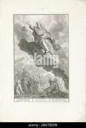 Hemelvaart van Henoch Enoch monte au paradis. Sur le sol à un autel en regardant les gens après lui. Dans la marge se référant à la Bible et au titre en hébreu, anglais, latin, allemand, français et Nederlands. Fabricant : printmaker Joseph Mulder (propriété cotée) au dessin: Gerard Hoet (I) (indiquée par l'objet ) Lieu de fabrication: Amsterdam Date: 1720 - 1728 Caractéristiques physiques: Engraa et matière de gravure: Technique du papier: Engraa (procédé d'impression) / dimension de gravure: Bord de la plaque: H 348 mm × W 220 mmToeliechtPrent créé pour: Figures de la Bible. Amsterdam, Bernard Pimart, 1720. Post al Banque D'Images