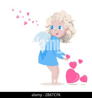 Un petit ange mignon donne des coeurs roses. Motif plat à motif dessin animé. Illustration vectorielle Illustration de Vecteur