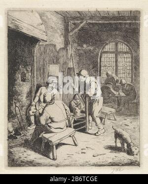 Herberginterieur met rokende en drinkende boeren intérieur d'une auberge avec des agriculteurs fumeurs avec une cheminée. L'un d'eux assis sur un tabouret, vu du dos. Juste au premier plan un chien mangeant d'un pot. En arrière-plan, trois paysans qui boivent, assis à une table. Plus travaillé que le staat précédent. Fabricant : Print Maker: Johannes Christiaan Janson Dans le dessin: Amsterdam À Date: 1778 - 1823 Caractéristiques physiques: Matière de gravure: Technique du papier: Dimensions de gravure: Bord de la plaque: H 118 mm × W 102 mm Objet: Auberge, café-maison, maison publique , etc.tabac (+ prise (particulier) de la nourriture Banque D'Images