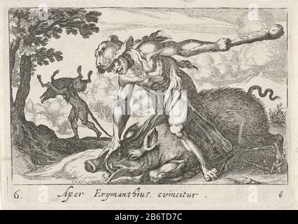 Hercules vangt het zwijn van Erymanthus Aper Erymanthius evincitur (objet titel op) Herculische thema's (servietitel) avant Hercules le boar d'Erymanthus frappé. En arrière-plan, il laisse l'animal au-dessus de son épaule à Eurysteus. Fabricant : design Simon Frisiusnaar de:: Printmaker Antonio Tempesta Lieu de fabrication: Printmaker: Northern Netherlands à concevoir: Italie Date: 1610 - 1664 Caractéristiques physiques: Matière de gravure: Technique du papier: Gravure Dimensions: Bord de la plaque: H 98 mm × W 138 mm Objet: (4) le sanglier erymanthien est capturé par Hercules Hercules porte le sanglier à travers hi Banque D'Images