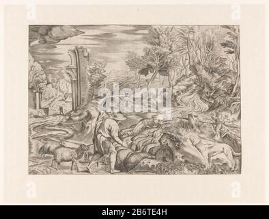 Herder a rencontré kudde schapen Een jonge herder a rencontré zomerhoed leidt zijn kudde schapen op een heuvel. Zijn hond kijkt toe op de voorgrond rechts. Op de achtergrond rechts een borijke heuvel en links een antieke ruïne en een wandelaar. Fabricant : prentmaker: Anoniemnaar onwerp van: Titiaan (vermeld op object)Plaats fabriquent: Italië Dating: CA. 1498 - 1626 kenmerken physique: Gravité matériau: Geheel: Papier Techniek: Graveren (drukprocedé) Dimensions: Blad: H 260 mm (binnen plaatrand afgesneden) × b 378 mm (binnen plaatrand afgesneden) Sujet: Troupeau, flockpaysage avec ruines Banque D'Images