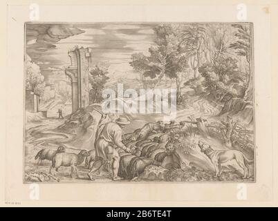 Herder a rencontré kudde schapen Een jonge herder a rencontré zomerhoed leidt zijn kudde schapen op een heuvel. Zijn hond kijkt toe op de voorgrond rechts. Op de achtergrond rechts een borijke heuvel en links een antieke ruïne en een wandelaar. Fabricant : protmaker: Anoniemnaar onwerp van: TitiaanPlaats fabrication: Italië Dating: CA. 1498 - 1626 kenmerken physique: Gravitation matériau: Papier Techniek: Graveren (drukprocedé) Dimensions: Plaatrand: H 264 mm × b 382 mm Sujet: Troupeau, flockpaysage avec ruines Banque D'Images