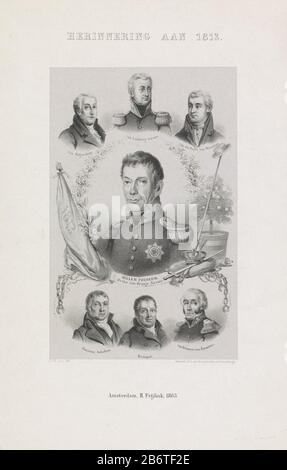 Herinnering aan de komst van de soeineine vorst, 1813-1863 Herinnering aan 1813 (objet op de titre) Commémoration en 1863 du cinquantième anniversaire du retour du prince Willem Frederik aux Pays-Bas en 1813. Portrait central de William Frederick et prince d'Orange Nassau. D'autres portraits du Triumvirate: De Hogendorp, Van Limbourg Stirum et Van der Duyn van Maasdam. Sous les portraits: Fannius Scholten, Kemper en Van Brienen de Ramerus. Fabricant : printmaker: Carel Christiaan Antony Load (bâtiment répertorié) imprimante: H. L. Hoogstraten (inscrit sur l'objet) pu Banque D'Images