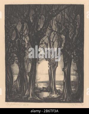 Herfstbomen (originele titel op object) Arbres sans feuilles ensemble. En arrière-plan le soleil à l'horizon. Fabricant : printmaker: Frederika Sophia Cohen (signature personnelle) Date: 1929 matériau: Papier technique: Lithographie (technique) Dimensions: Feuille: H 246 mm × W 201 mm Objet: Paysage d'automne; paysage symbolisant l'automne (les quatre saisons de l'année) arbres (+ plante standard) Banque D'Images